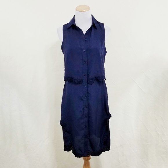Parker overlay shirt dress navy blue lace collared size small - Picture 3 of 9